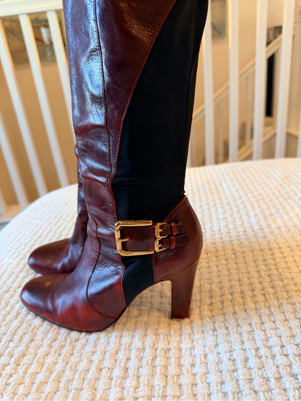 Women's Burgundy and Black Leather Buckle Boots